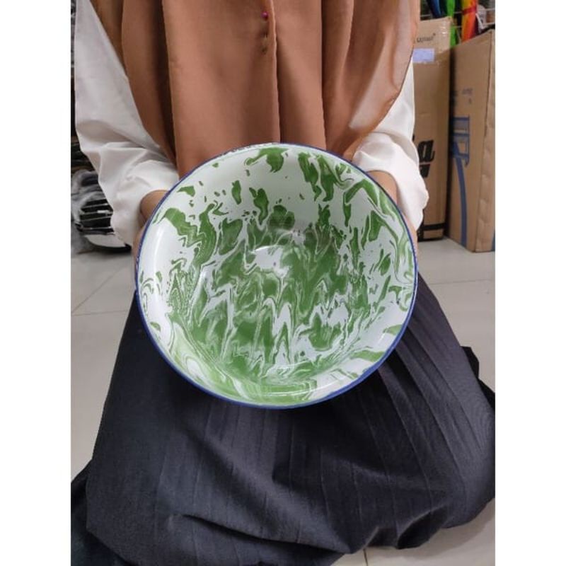 Panen Baskom Dalam Enamel 22 cm Batik Wadah Saji Mangkok Nasi Lurik
