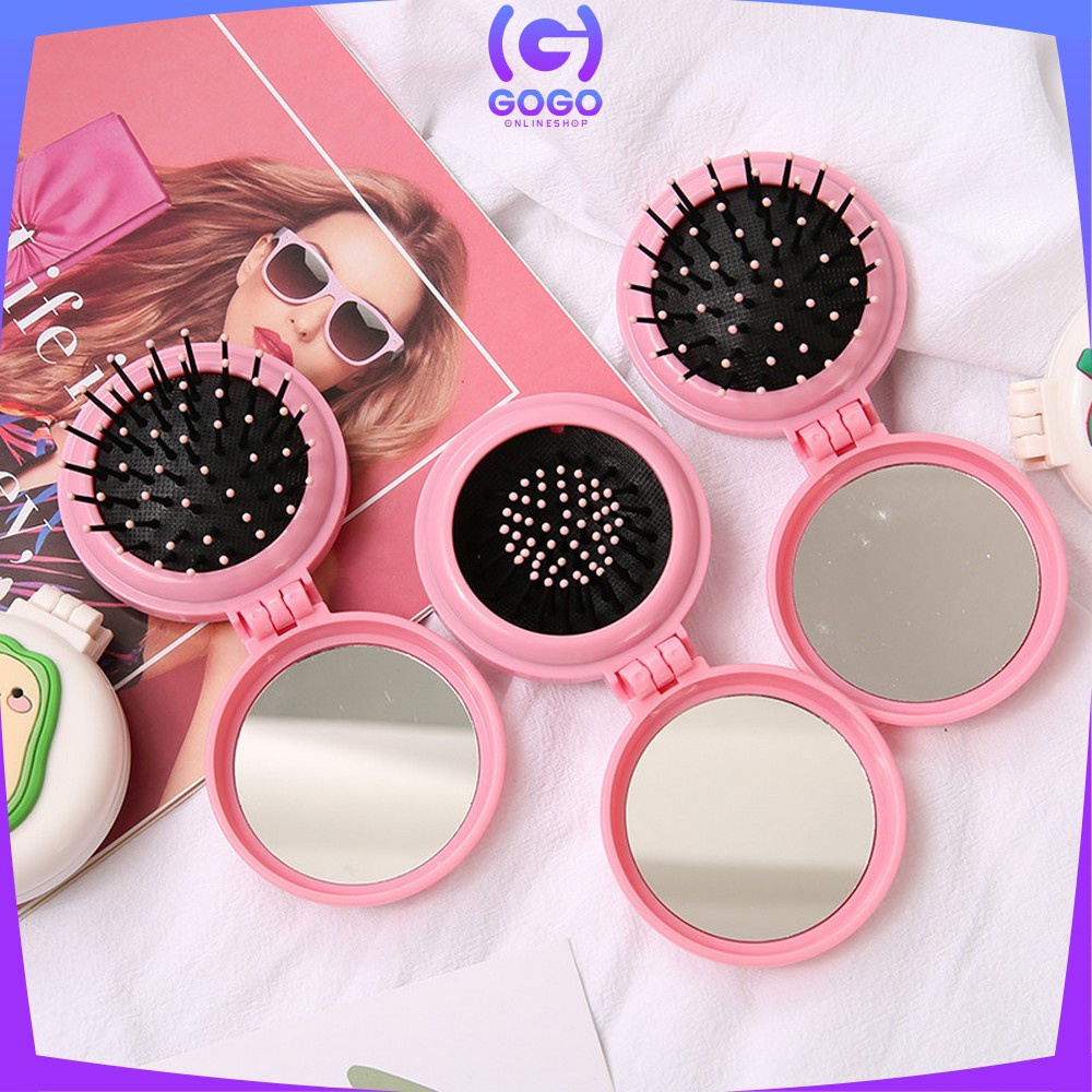 GOGO-C767 Cermin Sisir Bulat Lipat Kaca Ala Korea Sisir Compact 2IN1 Anti Kusut Motif Karakter Lucu / Sisir Lipat Bulat Cermin Portable