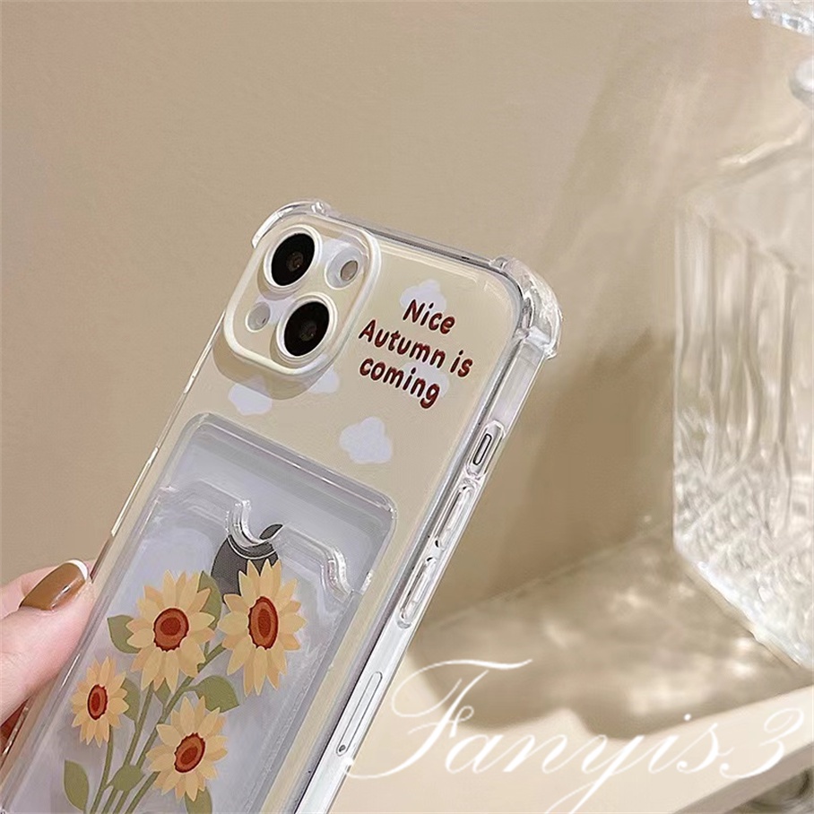 Compatible For IPhone 14 13 12 11 Pro Max X XR Xs Max 8 7 Plus SE 2020 Kompatibel Untuk Cute Sunflower Card Holder Phone Case Bening TPU Soft Cover Pelindung