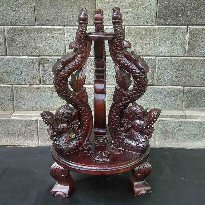 Stand Duduk Jagrak Tempat Tombak Pusaka Ukiran Naga Kembar Kayu Jati