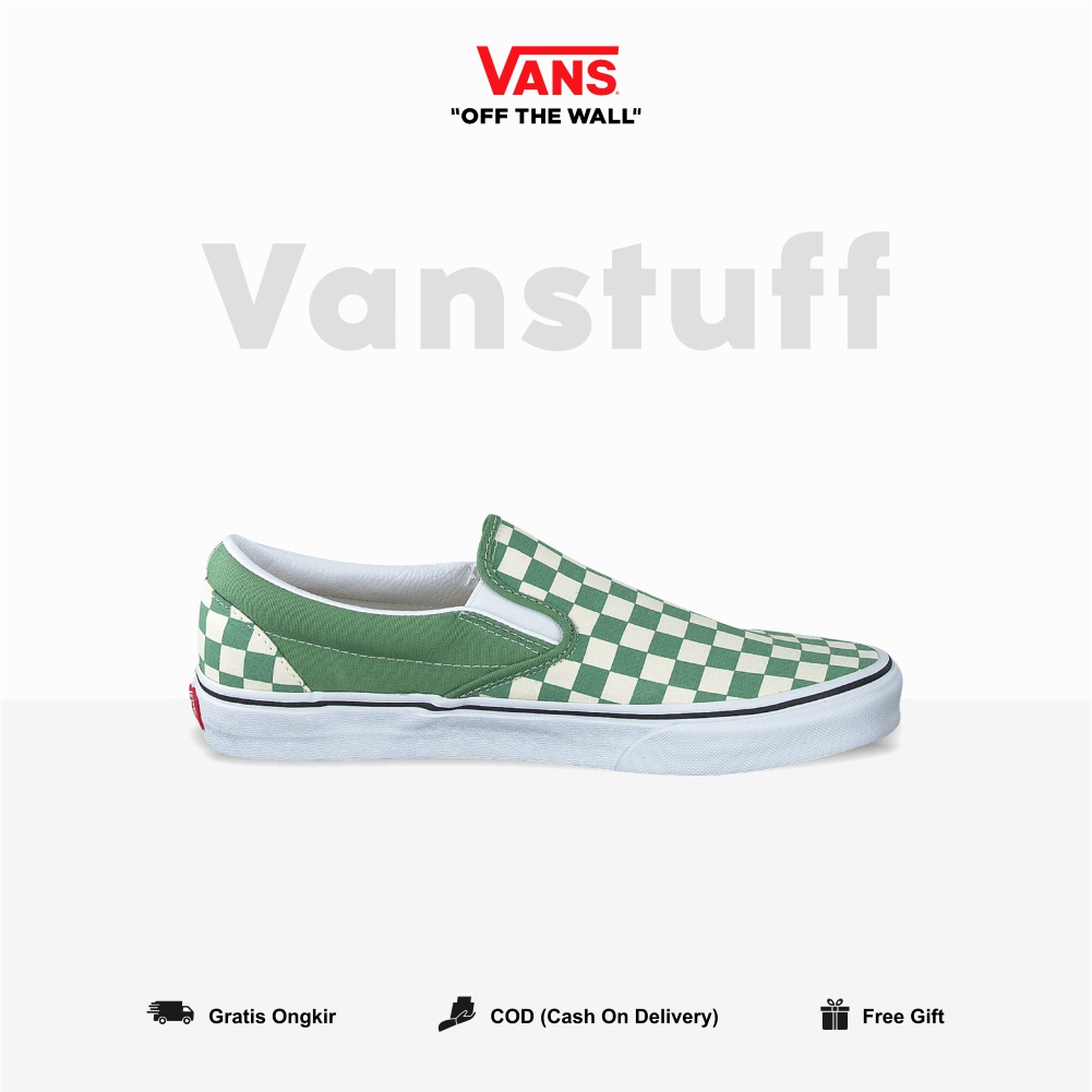 Vans Slip On Clasic Checkerboard Shale Green Tru White Couple Pria dan Wanita Original 100% BNIB Global Market Authentic Guarated Catur Ori