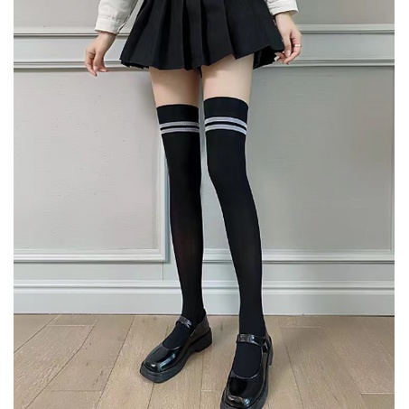 BISA COD Stocking Wanita Motif Bergaris / Stocking Panjang Warna Hitam