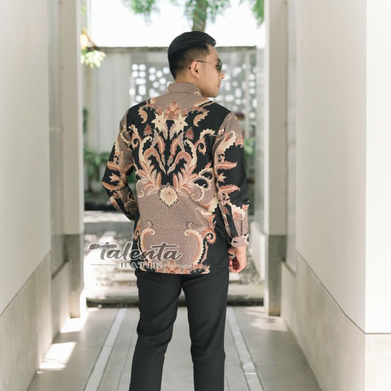 Batik kemeja pria lengan panjang bahan katun baturaden reguler hitam mocha