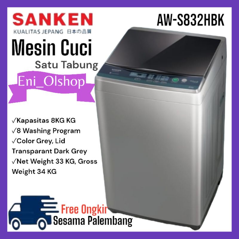 MESIN CUCI 1 TABUNG SANKEN 8KG, AW-S832HBK, AWS832