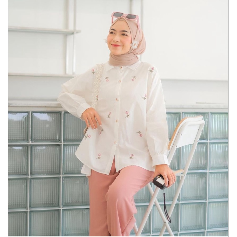 Nancy Flower Shirt | Kemeja Katun Adem Nyerep Keringet Bordir Kerja Simple Bunga | Katun premium bunga