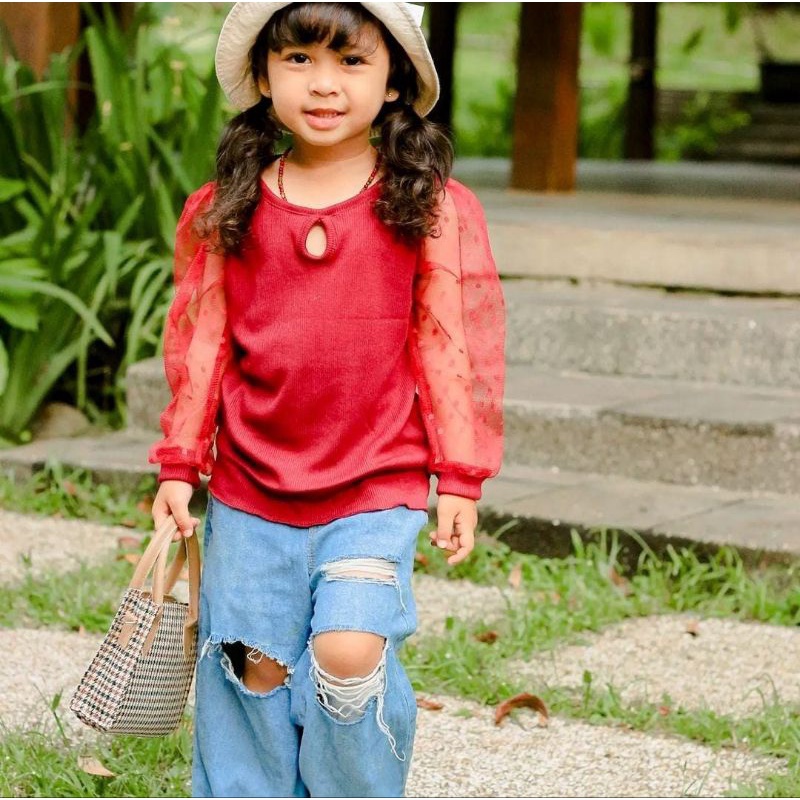 2-4 Tahun EVERLY LONG TOP | Atasan Baju Anak Perempuan Bahan Knit mix Tile Dot