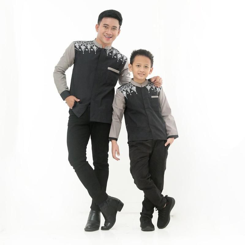 Koko Muslim Modern Lengan Panjang Couple Ayah &amp; Anak trisula Putih Bahan Katun Adem Bordir