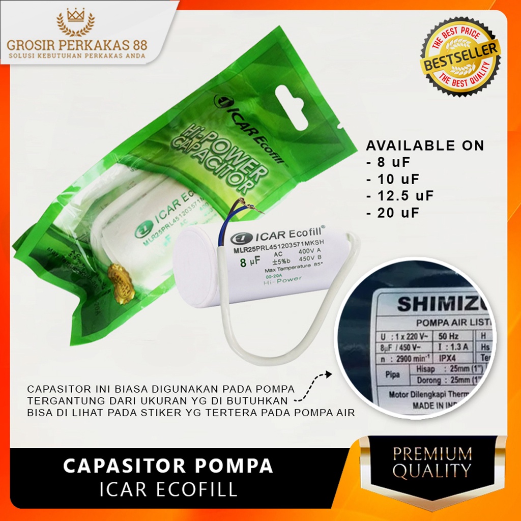 Kapasitor Pompa Air Capasitor Mesin Sanyo Bulat Elko Icar Ecofill 8 10 12.5 uF