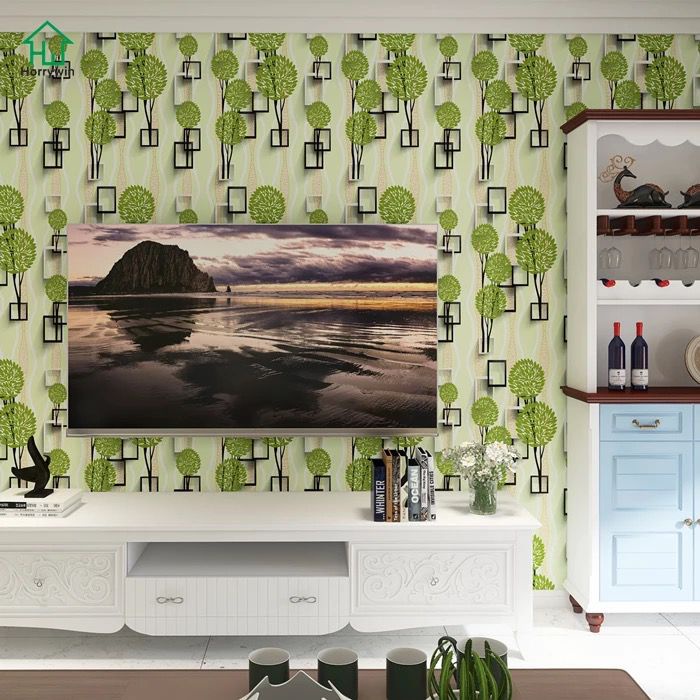 Wallpaper Dinding Motif Daun Hijau 3D Kotak