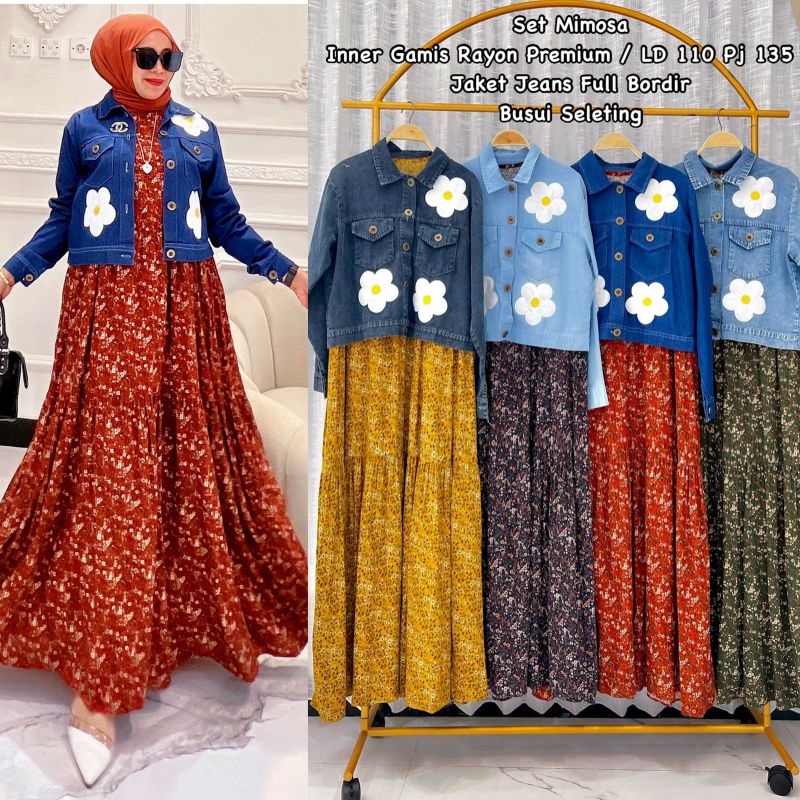 One Set Gamis rayon premium jaket jeans full bordir