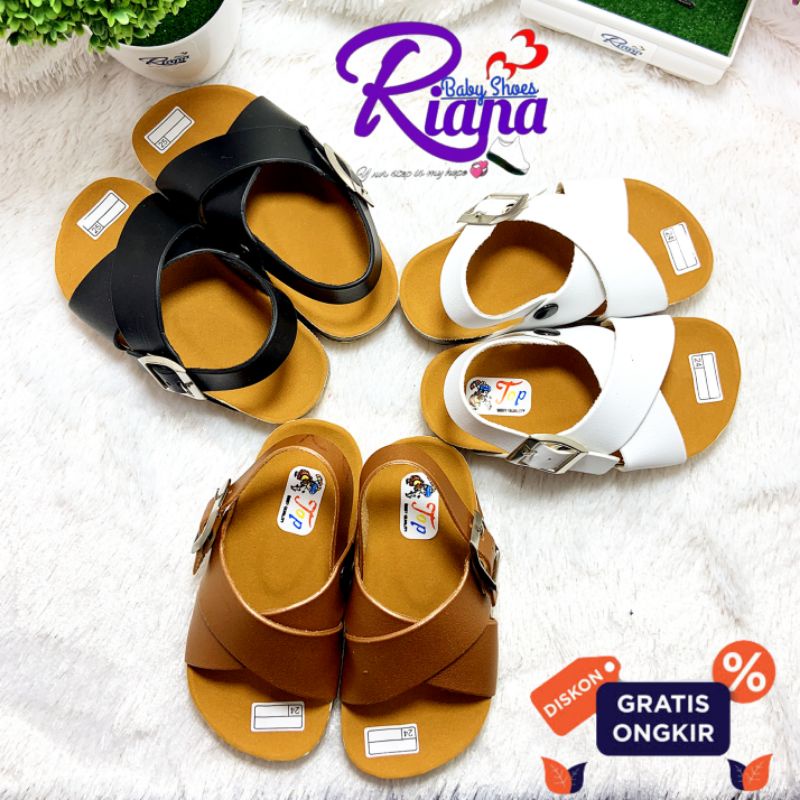 BA53 Sandal Anak Birken kulit sintetis Leather premium tebal motif Silang sintetis gesper murah terbaru usia 10-30 Bulan