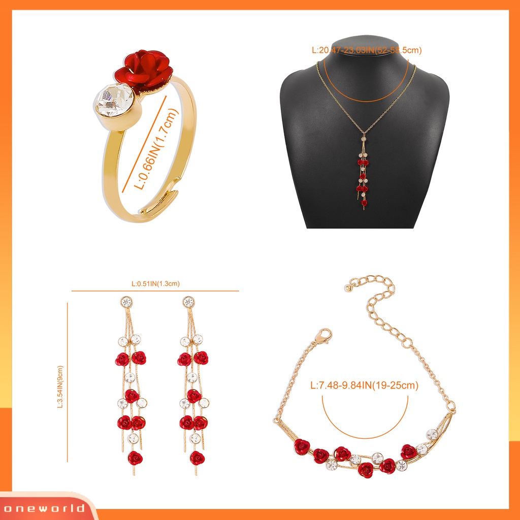 [oneworld] 1set Lady Earrings Kalung Set Indah Anting Panjang Warna Kontras Dekorasi Mawar Merah Berlian Imitasi Mengkilap Wanita Perhiasan Set Untuk Hadiah