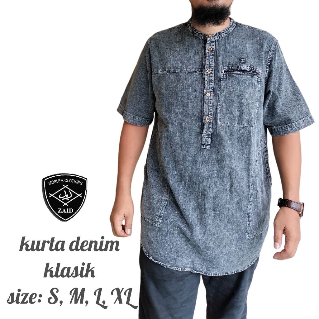 Baju Koko Pria Style Muslim KekinianTerbaru Kurta Pakistan Lengan Pendek Bahan Denim Premium Branded Bisa Bayar di Tempat( Brand ZAID)