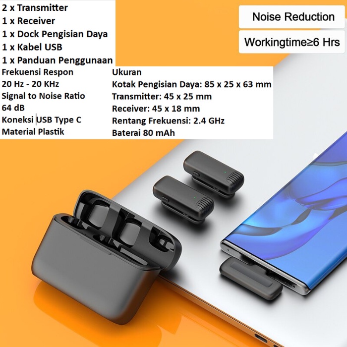 Mic Handphone USB Type C  Lightning Iphone Wireless Mini Microphone Clip On Mikrofon Portable  Lavalier Lapel Dual Live Streaming Recording Podcast VlogTiktok Youtube Noise Reduction-Dual Type C - 2
