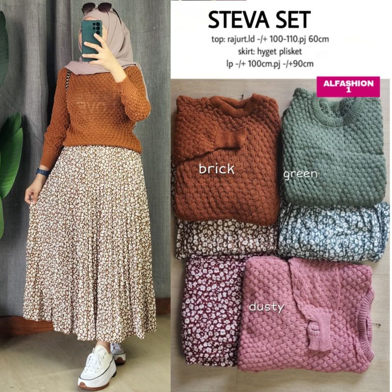 Steva Set by Al Fashion Setelan Baju Rajut dan Rok Plisket Motif