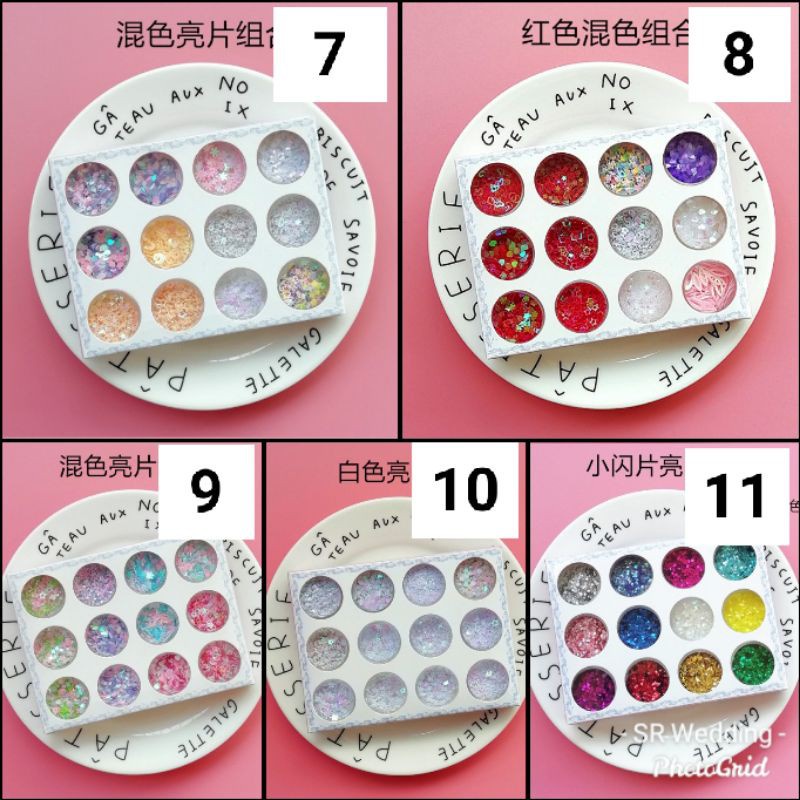 Glitter sequin untuk nail art 1 box isi 12 warna untuk kuku palsu