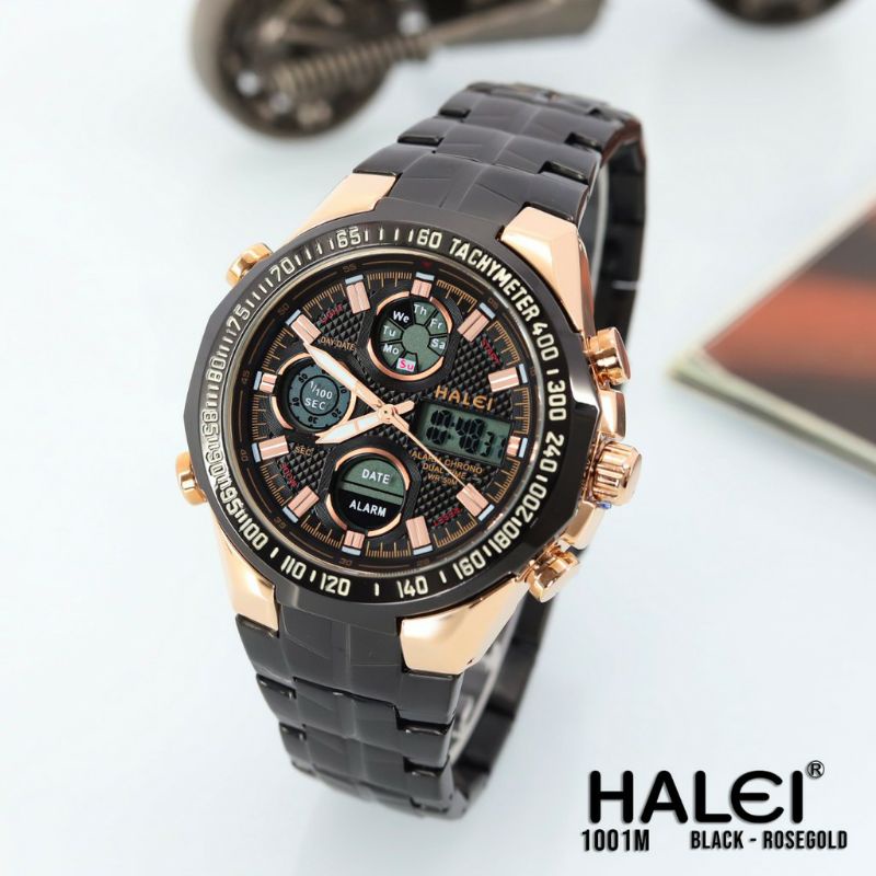 Jam Tangan Halei Ori Garansi 1 Tahun, Jam Tangan Rantai Pria Sport Bulat Two Time