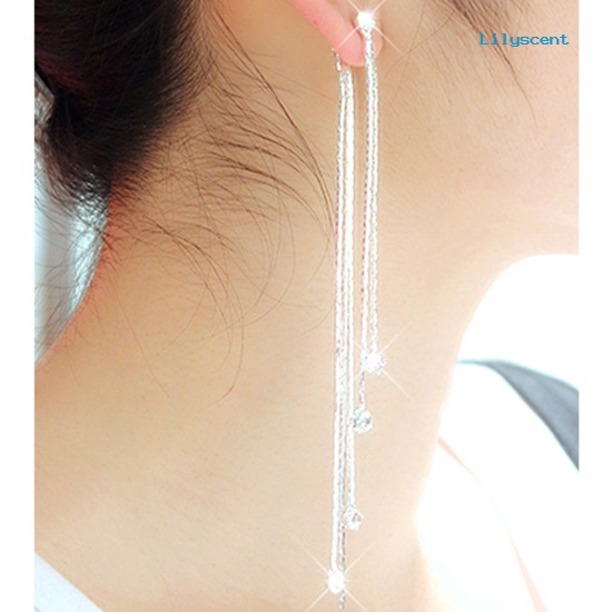 [LS] Wanita Berlian Imitasi Super Panjang Jumbai Drop Menjuntai Cocktail Pesta Linear Earrings