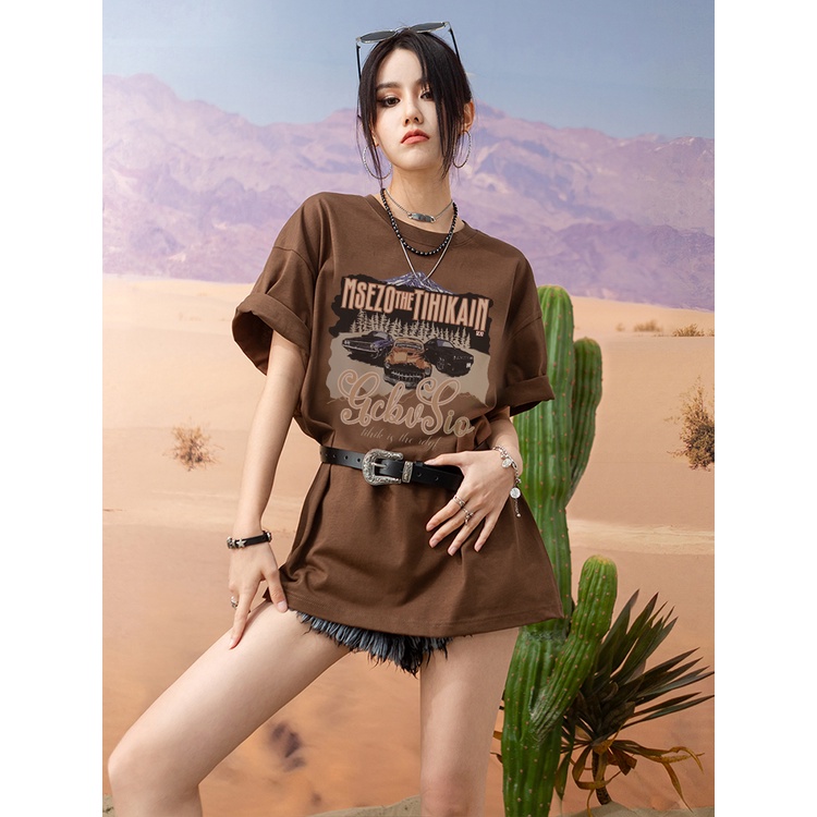 EUNII Brown T-shirt Lengan Pendek Retro Car Printing Korean Style/Kaos Atasan Wanita/Baju Kaus Oversize Wanita/Kaos Wanita