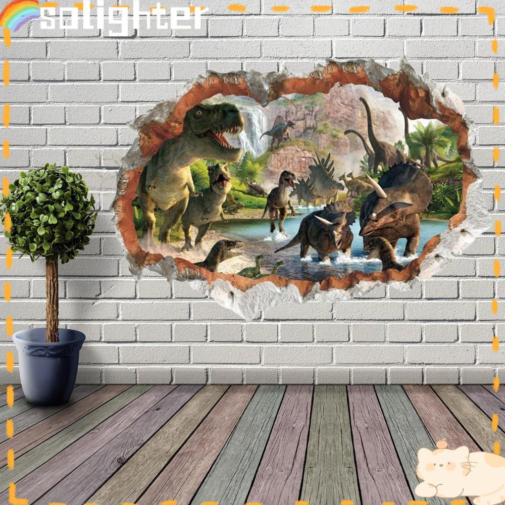 Solighter Dinding Decals Dinosaurus Hutan Removable Smashed Wall Arts Dinosaurus Dinding Mural