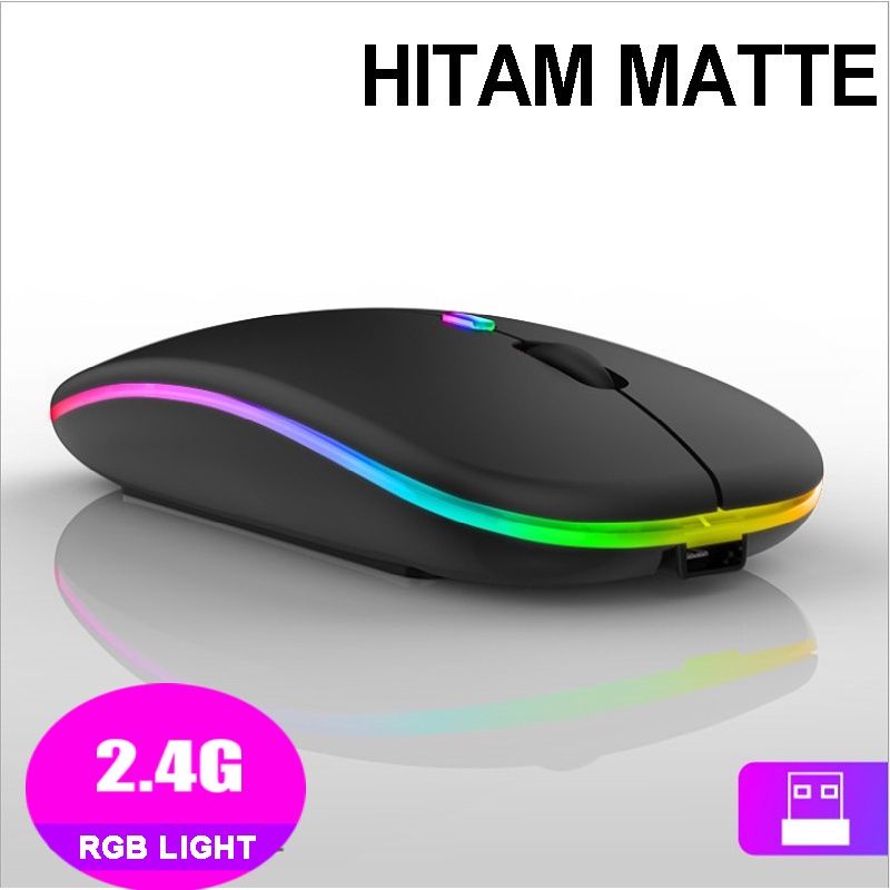 Bisa dicas ulang Mouse Wireless RGB mos waerles mouse Lampu pelangi Lights Charge 2.4G Optical USB Mouse Gaming 1600DPI - RGB Light Black