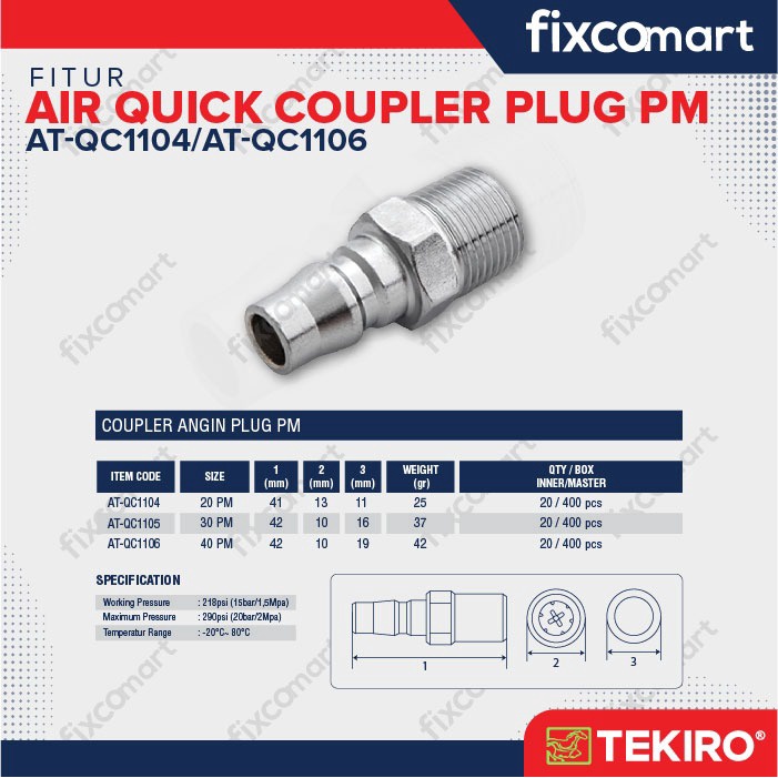 Tekiro Quick Coupler Plug PF / PH / PM / PP Sambungan Selang Kompresor