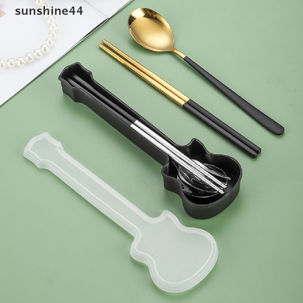 Sunshine 3Pcs Set Alat Makan Garpu Sendok Sumpit Makan Set Travel Sendok Garpu Kotak Gitar.