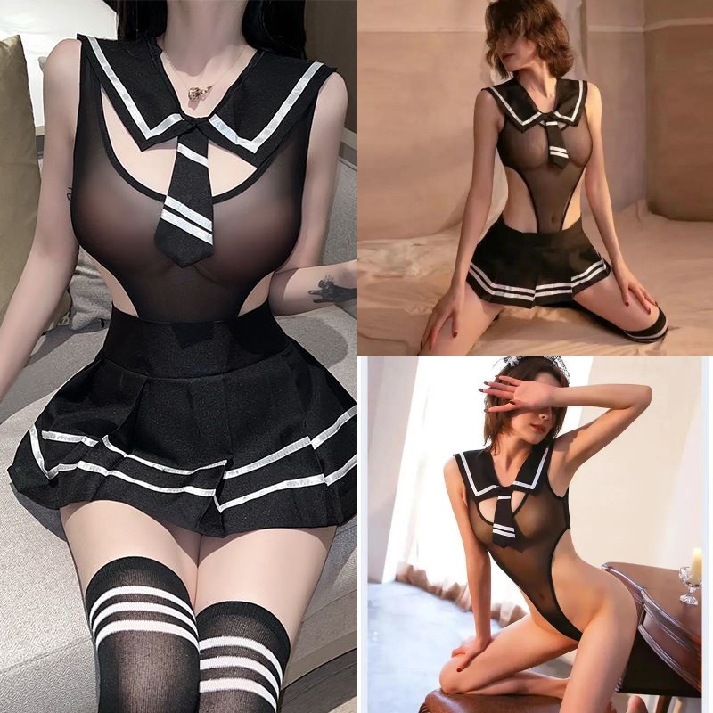 Lingerie Sexy Cosplay Seragam jumpsuit  V-Neck Transparan JK Mini Rok lingerie Set 3A201