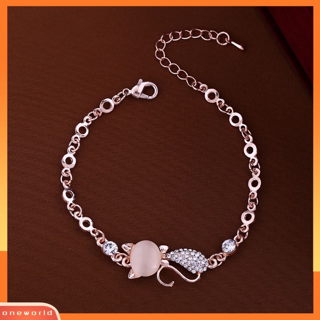 {oneworld} Perhiasan Rantai Gelang Bangle Berlian Imitasi Wanita Ladies Lovely Cat Pendant Opal Untuk Kehidupan Sehari-Hari