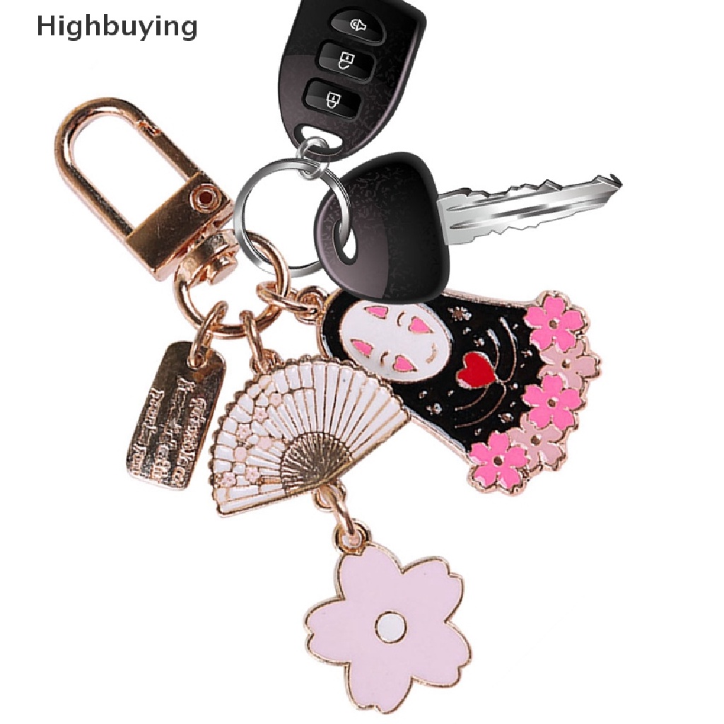 Hbid Kartun Tanpa Wajah Pria Gantungan Kunci Wanita Bunga Logam Sakura Key Chain Hadiah Perhiasan Glory