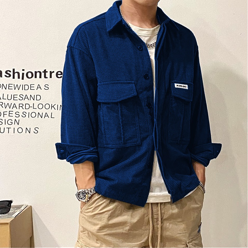 Kemeja Lengan Panjang korean style korea pria cowok cowo Trucker Waffle knit premium