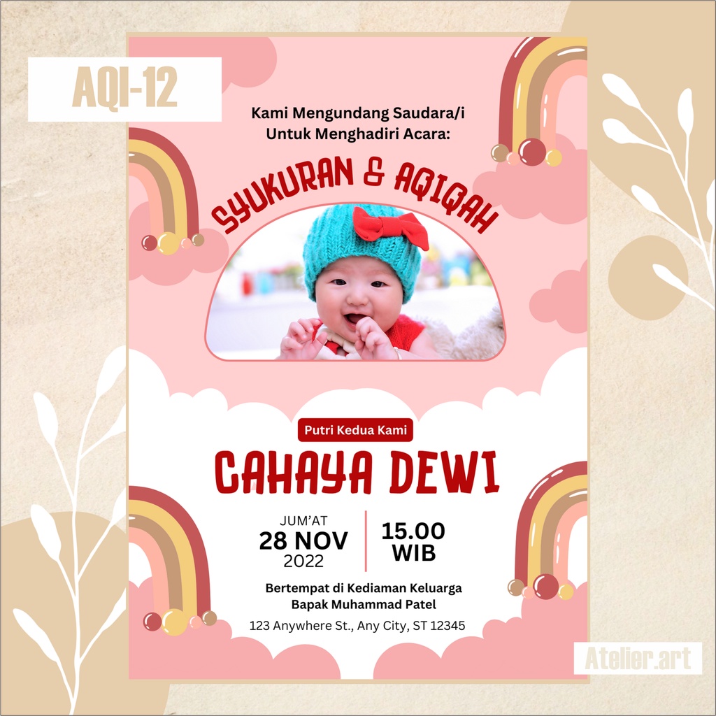 Undangan Digital Aqiqah AQI-12 Softfile Pink Ukuran A4 | Atelier.Art