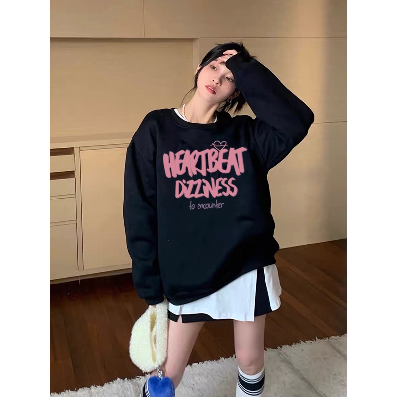 Kaos Stasan Wanita Oversize Couple Sweater American Vintage Pink Letter Cartoon Graphic Priting Top Kekinian Casual Sweater/atasan kaos wanita lengan panjang