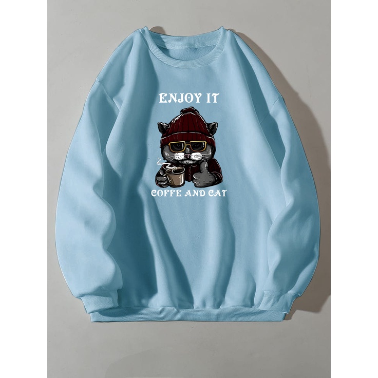 Sweater Crewneck Pria Wanita COFFE AND CAT / Switer Jumper Pria Wanita Bahan Fleece