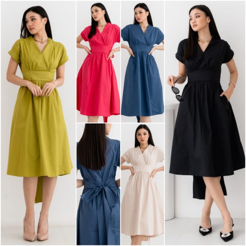 ❣️ SPECIAL PRICE ♡ PREMIUM ♡ ORIGINAL ! NOELLA VINTAGE PLAIN V-NECK KIMONO OBI TIED MIDI FLARE DRESS