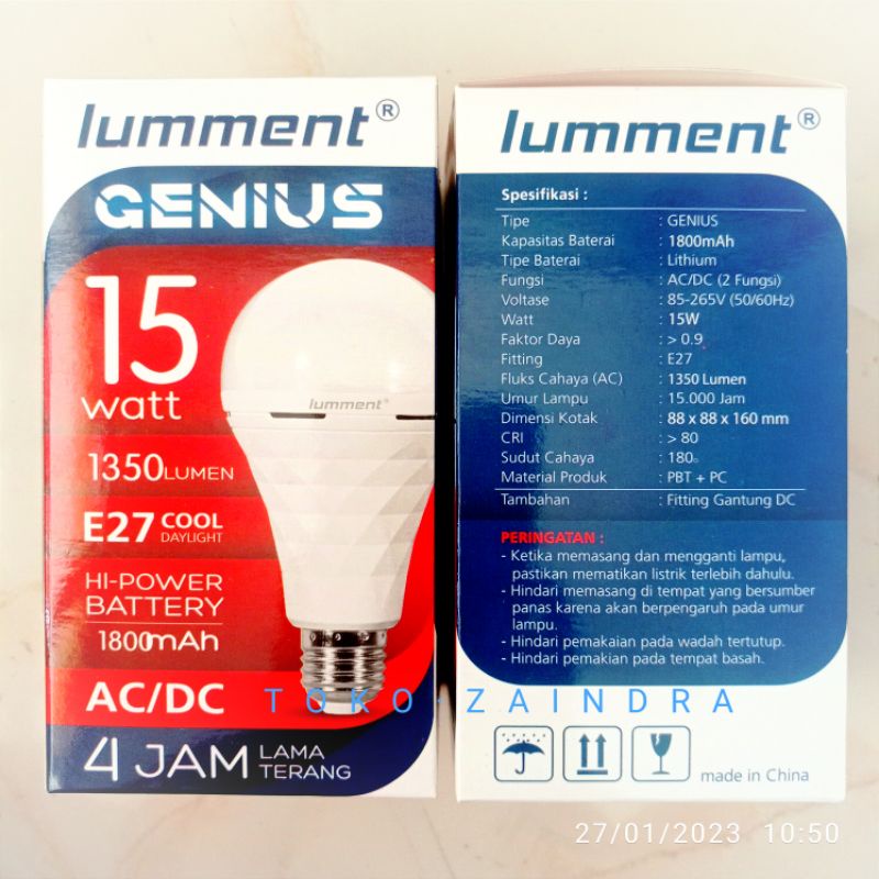 lampu led Lumment genius 15watt emergency darurat padam putih