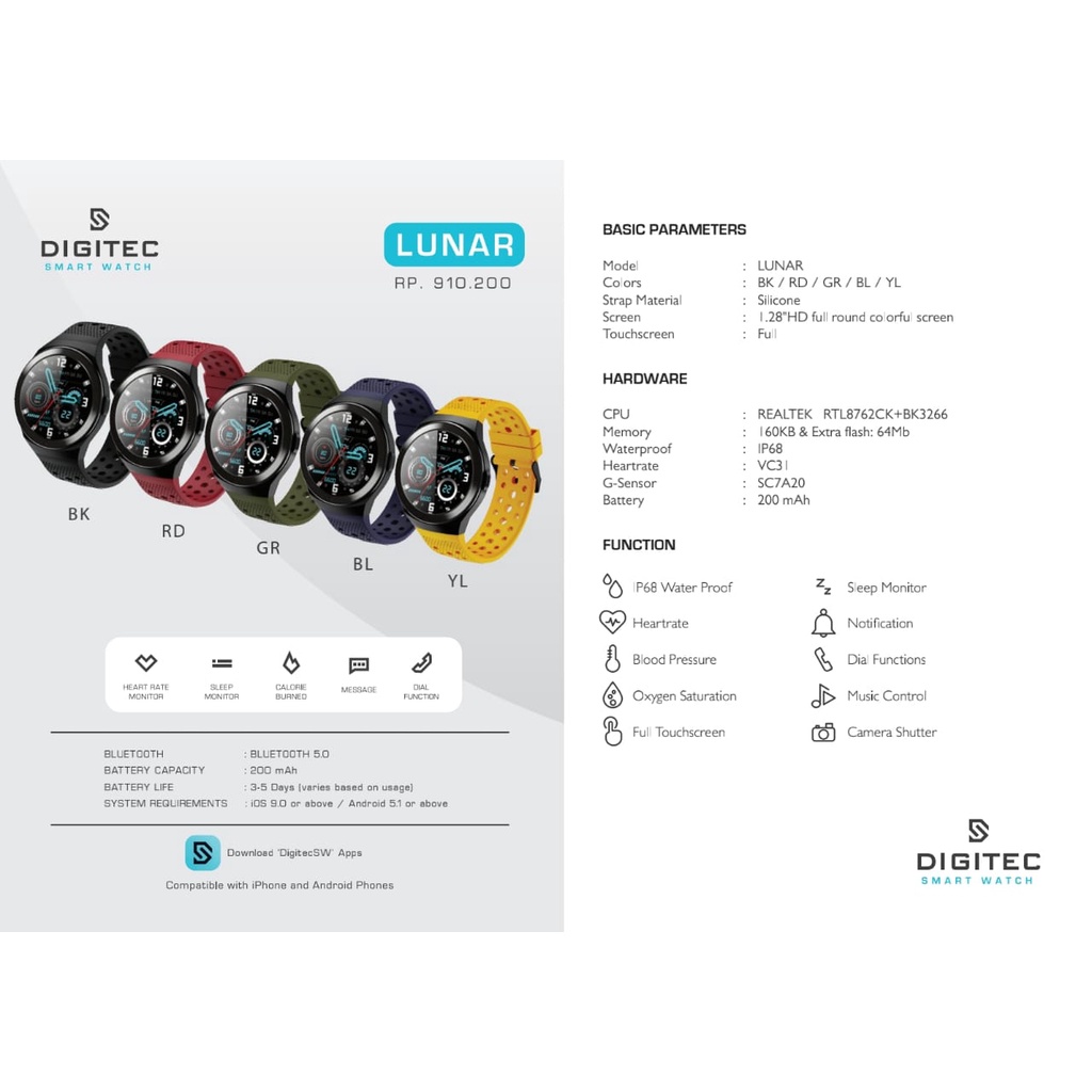 Jam Tangan Smartwatch DIGITEC LUNAR ORIGINAL LED Bulat Digital Import Murah Mewah BONUS BATERAI CADANGAN!