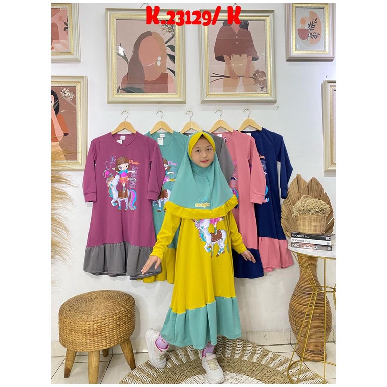 Gamis + hijab anak perempuan motif unicorn bahan voxy premium merk latin (8-10 tahun)
