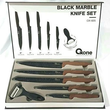 OXONE PISAU SET + PEELER 6PCS OX605 BLACK MARBLE KNIFE OX-605 OX 605