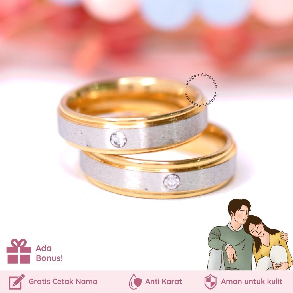 GRATIS UKIR NAMA Cincin Couple Romantis Titanium M120 Gold Silver Emas Anti Karat Hadiah Tunangan Kawin Nikah BONUS Gelang