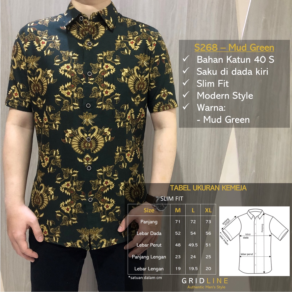 [GRIDLINE - S268 Mud Green] Kemeja Batik Pria Katun Lengan Pendek Slimfit Modern Casual Simpel Elegan