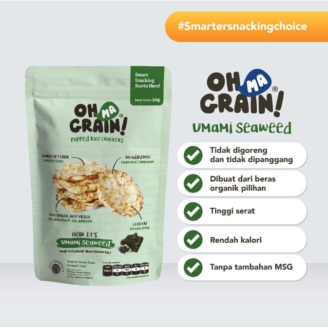 Oh Ma Grain Popped Rice Crackers Seaweed Rasa Rumput Laut 50gr - Snack Sehat - Cemilan Anak