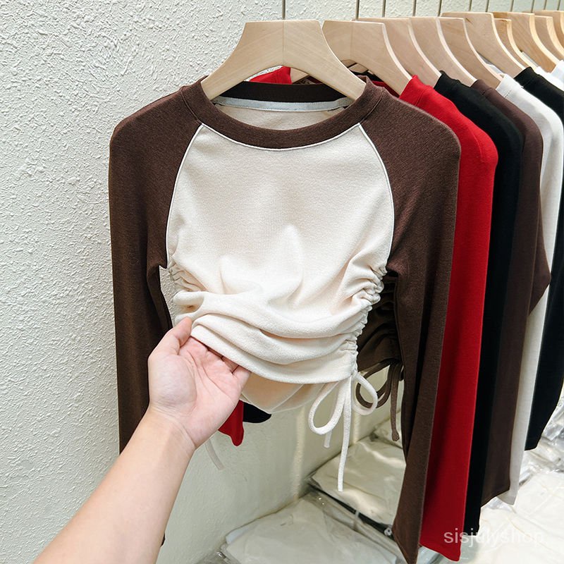 #Sisjuly# Kaos lengan panjang wanita atasan kemeja ramping ramping dan tipis lipit atasan kemeja pen