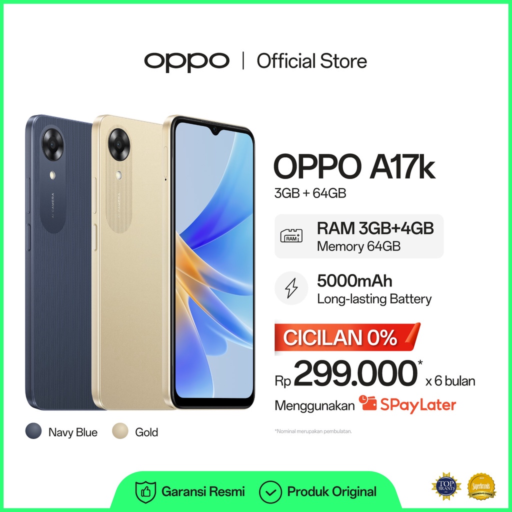 [NEW!] OPPO A17k 3GB+64GB [RAM 3GB+4GB, 5000 mAh Long Lasting Battery, Mediatek G35 Gaming Processor