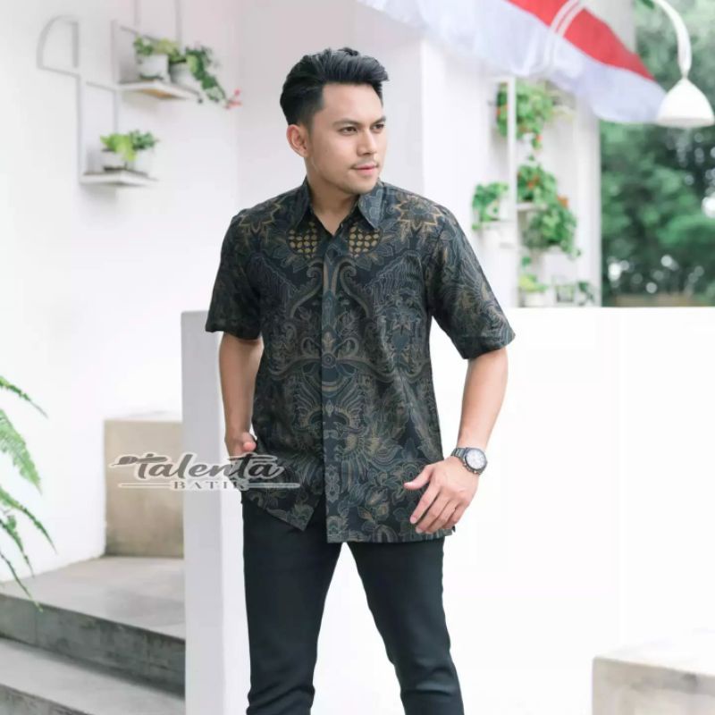 Batik kemeja pria ekslusif bahan katun halus baturaden size reguler pisang bali hitam denim