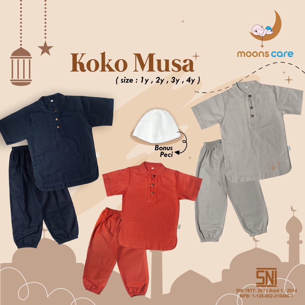 (BONUS PECI) KOKO MUSA BAHAN LINEN PREMIUM - KOKO BAHAN AMAN UNTUK KULIT SENSITIF BAYI - KOKO MUSA SUDAH FREE PECI -MOONS CARE baju koko bayi anak laki laki pakaian muslim linen anak laki laki 1 - 4 tahun premium model kekinian simple elegan stelan baju