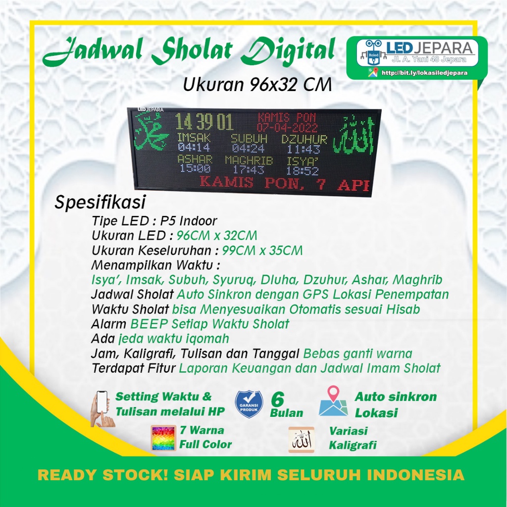 Jadwal Sholat Digital Jam Masjid Digital Ukuran 96x32 P5 Full Color Setting HP