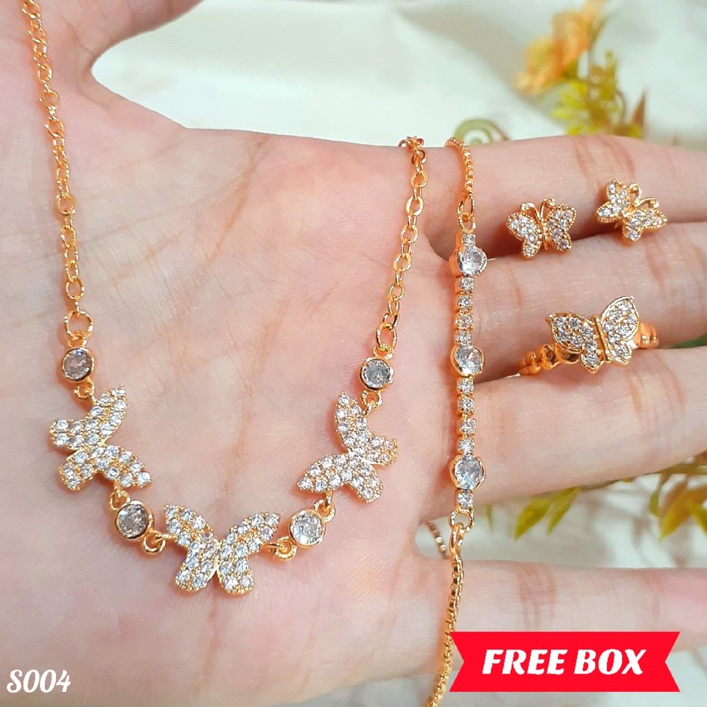 PGX Set Perhiasan Xuping Cincin Gelang Kalung Anting Lapis Emas - S004