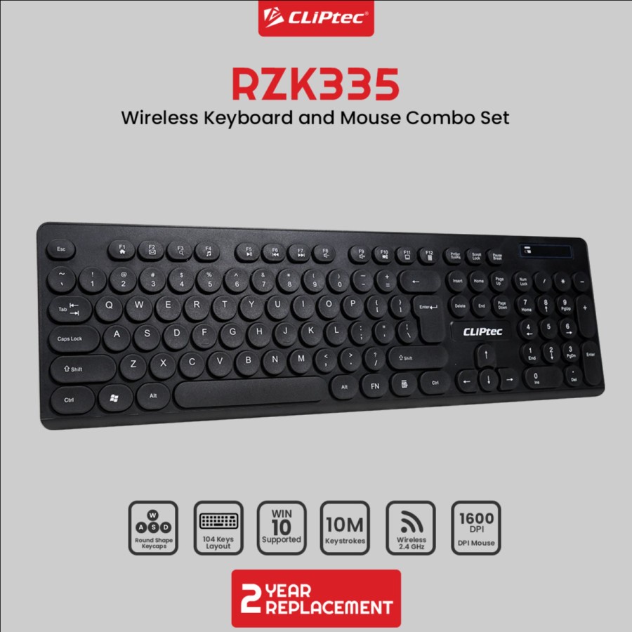 Mouse keyboard cliptec wireless 2.4ghz combo membrane fullsize 104 keys round 1600dpi optical 6d rzk335 rzk-335