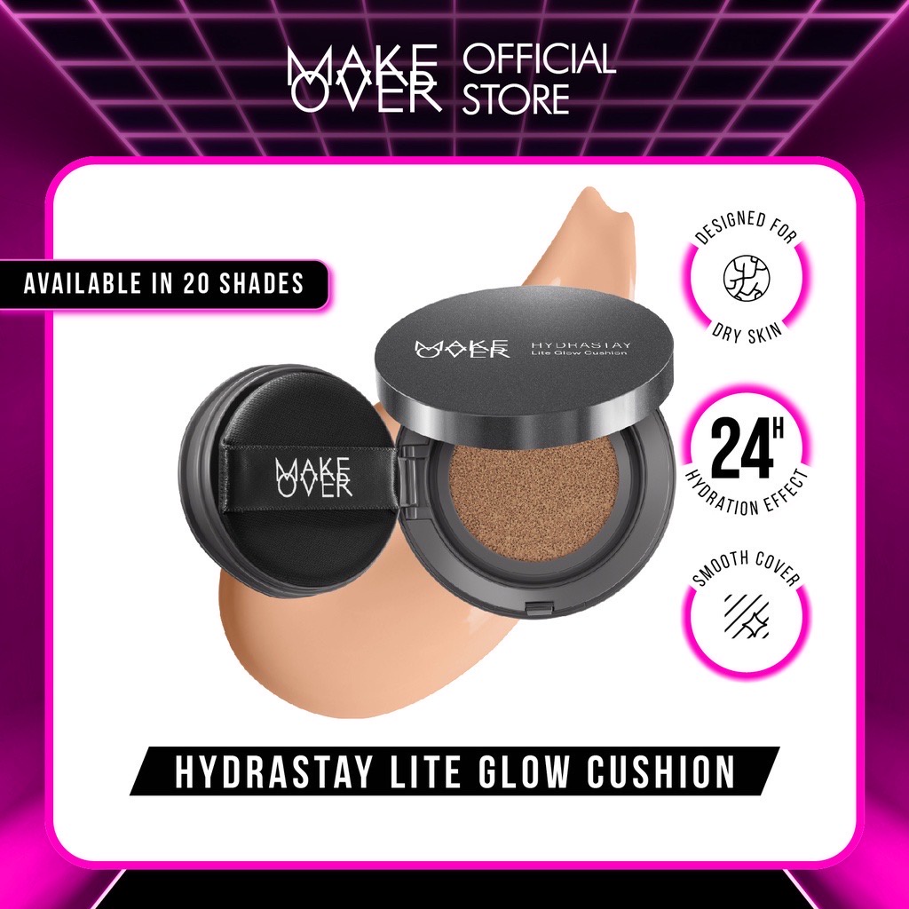 MAKE OVER Hydrastay Lite Glow Cushion Indonesia / Cushion 15g / Design For Dry Skin Hydration Effect 24H Smooth Cover / Cusion Medium High Coverage / Ivory Natural Beige Tan / Makeup Cosmetic Face Make Up Kosmetik Wajah Muka / Makeover Hydra Stay Series